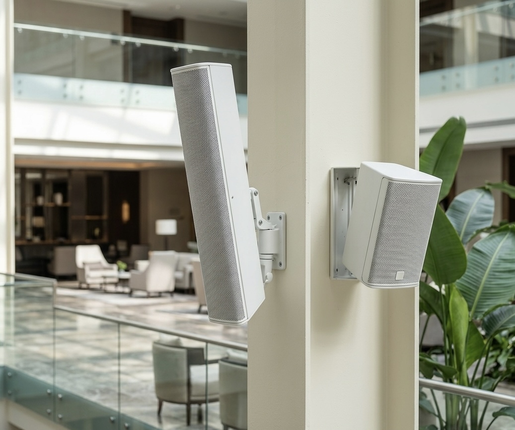 Enceintes installées dans un hall d’une entreprise dans la régions Gran Est , Alsace  pour une intégration fixe de sonorisation, discrètement dissimulées dans l’installation principale du bâtiment. 
